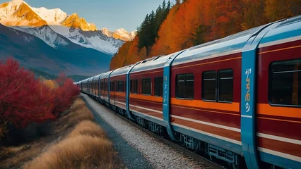 Poster Train traveling in the autumn mountains. Railway through the autumn forest. © ASGraphics