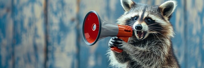 Playful raccoon character with megaphone set to deliver a whimsical and engaging message - obrazy, fototapety, plakaty