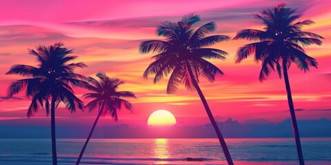 Palm trees and 80s retro neon lights tropical sunset with a vintage Miami feel