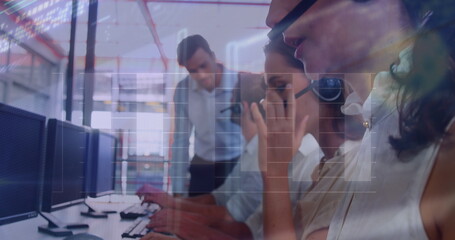 Image of financial graphs and data over diverse female and male call center workers