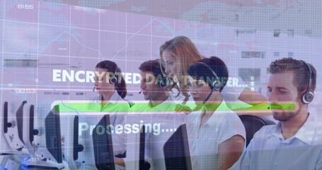 Image of graphs, encrypted data and processing over diverse female and male call center workers