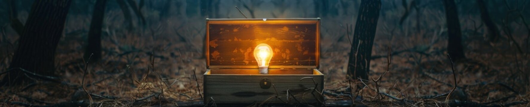Opened rustic box in a forest clearing at twilight a single lightbulb glowing intensely inside