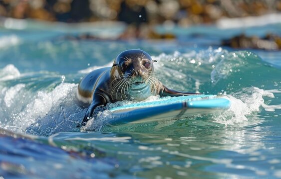 Playful seal on a surfboard effortlessly gliding through the ocean waves