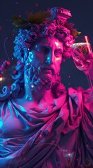 The Greek god Dionysus god of wine and celebration cast in a intoxicating neon haze