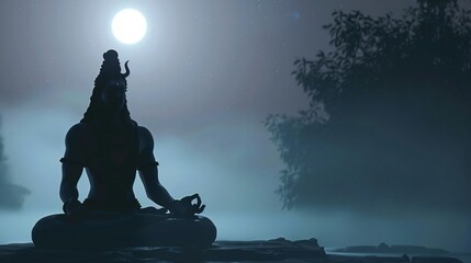 Silhouette of Lord Shiva, immersed in meditation, surrounded by the gentle glow of the moonlight.