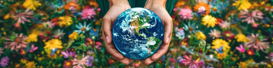 Hands cradling a vibrant Earth with a lush floral background symbolizing environmental care and sustainability. - obrazy, fototapety, plakaty