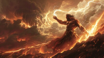 Vulcan creating thunderbolts for Zeus amidst a fiery volcano
