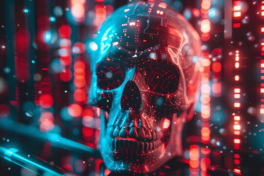 Stylized cyberpunk skull integrated into a network of illuminated data streams