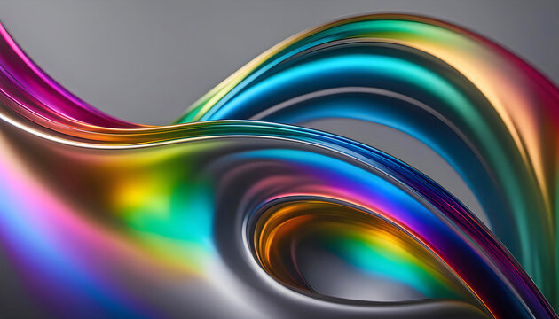 Abstract background from a rainbow flow of liquid metal on a gray background, wallpaper for design, refraction of colors and highlights, fantasy mysticism, © Perecciv