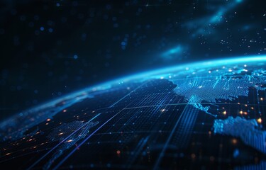 Fototapeta premium Minimalist blue Earth on a dark background with subtle grid lines and data points evoking a sense of advanced technology and big data analysis