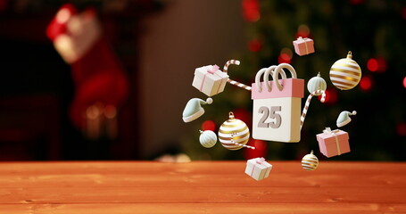 Image of calendar with 25 number date and christmas decorations