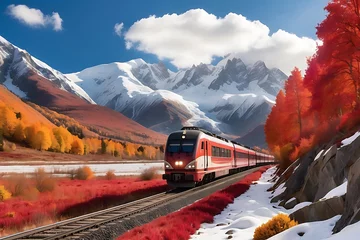 Tuinposter Train traveling in the autumn mountains. Railway through the autumn forest. © ASGraphics