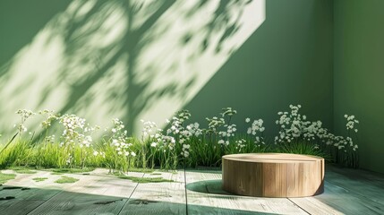 Product display on wood podium green room with grass flowers sunshine shadow