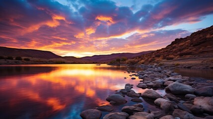 Tranquil mountain sunset  captivating landscape with colorful sky and reflective lake