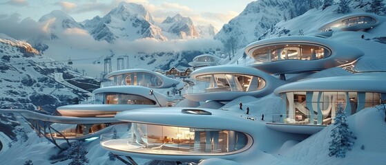 Smart homes integrated into alpine skiing resorts featuring futuristic city designs and space tourism adverts