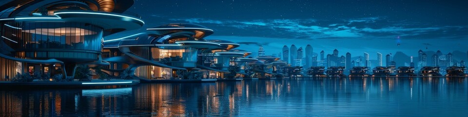 Floating city at dusk bioluminescent lights casting shadows on neo noir architecture - obrazy, fototapety, plakaty