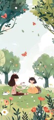 Young girl enjoying a tea party in a cartoon meadow fairy tale creatures as her guests serene park setting