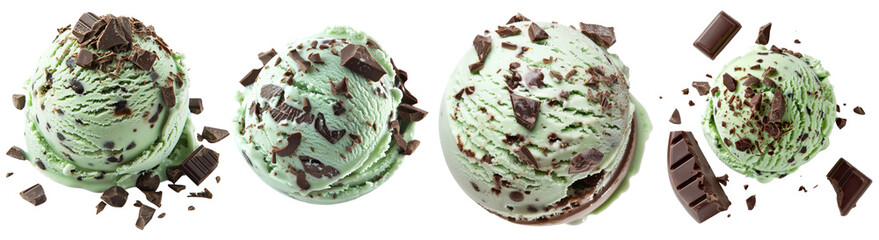 Fototapeta premium Set of scoop of Mint Chocolate Chip ice cream , cut out transparent isolated on white background ,PNG file
