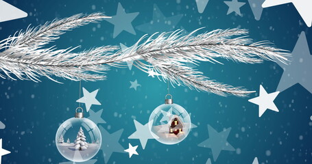 Image of christmas bubbles and stars with snow falling on blue background