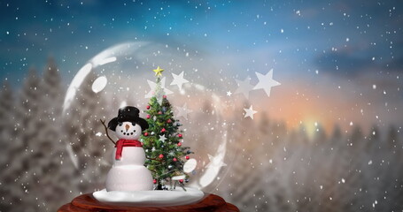 Naklejka premium Image of snow and stars over snow globe with christmas tree and snowman
