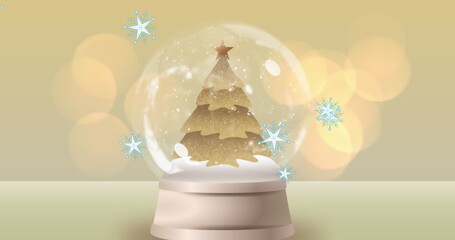 Fototapeta premium Image of snowflakes and stars over snow globe with christmas tree
