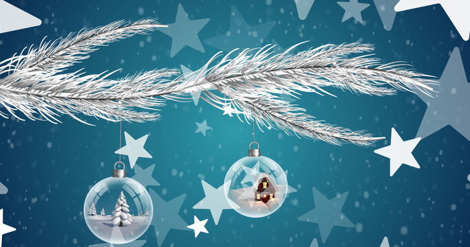 Naklejki Image of christmas bubbles and stars with snow falling on blue background