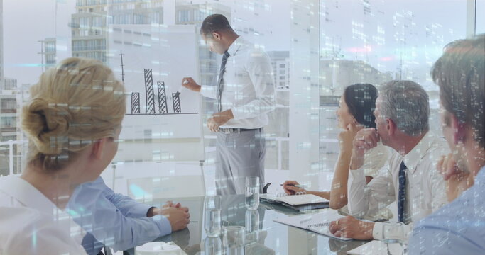 Image of light spots over diverse business people in office - Powered by Adobe