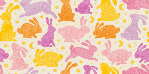 Rabbit spring pattern. Star, moon, flower on craft rice paper background. Easter, Chinese New Year, Korean Mid Autumn seamless pattern. Cute pink yellow bunny silhouette. Vintage Easter rabbit design - obrazy, fototapety, plakaty