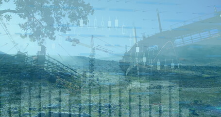 Image of financial data processing over cityscape