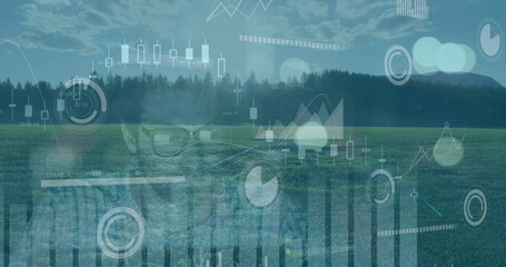 Image of data processing over aerial view of grassland against tired caucasian man at office