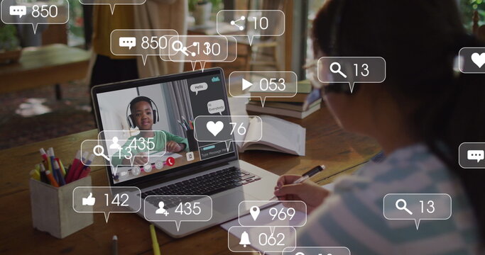 Image of network of icons and data processing over asian schoolgirl online schooling on laptop