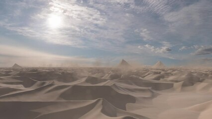 Desert dunes with pyramids shape mountains, aerial
Sandstorm cinematic view, 4K, 2024

