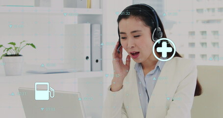 Image of data processing over asian female doctor using laptop and headphones