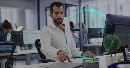 Image of data processing over businessman using smartphone