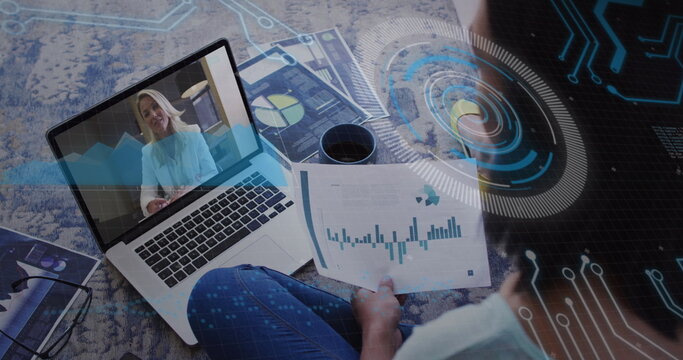 Image of statistics and data processing over diverse business people having image call