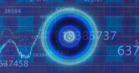 Image of illuminated circles over changing numbers, multiple graphs against shapes in background
