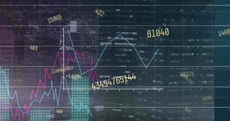 Image of multiple graphs and changing numbers over illuminated buildings in background