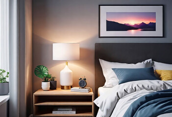 Cozy bright bedroom interior with bedside table and table lamp with photo or painting frame mockup, modern bedroom design, 3d rendering,