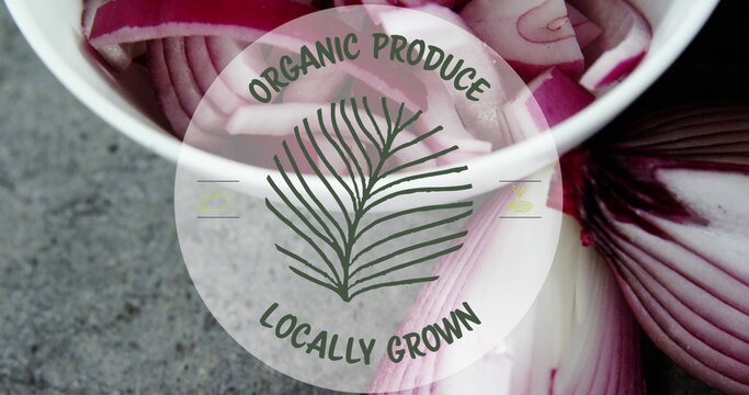 Image of organic produce locally grown text banner over bowl of chopped onions on grey surface - Powered by Adobe