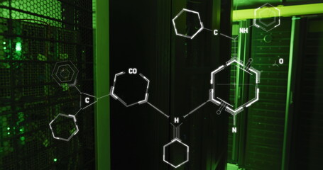 Image of chemical structures floating against computer server room