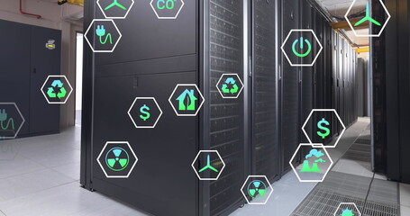 Image of multiple digital icons floating against computer server room