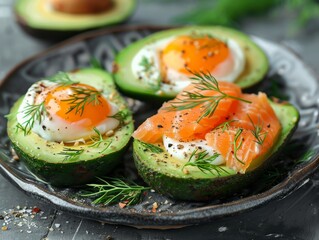 Tasty breakfast featuring poached eggs nestled in avocado halves, topped with smoked salmon and fresh dill.