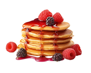 Photo of a stack of hot freshly baked pancakes with fresh berry topping isolated on a white background