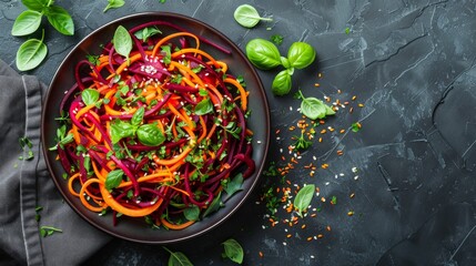Colorful salad of spiralized beetroot and carrot garnished with fresh basil leaves and sesame seeds on a dark plate.