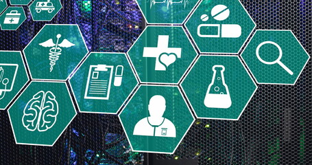 Image of multiple medical icons against close up of a computer server