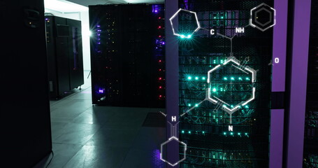 Image of chemical structures floating against computer server room