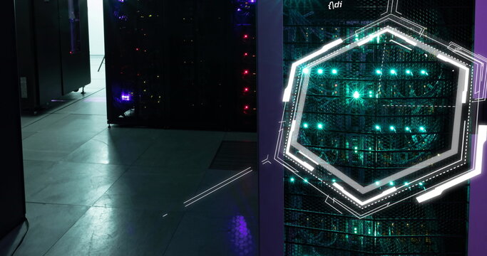 Image of chemical structures floating against computer server room