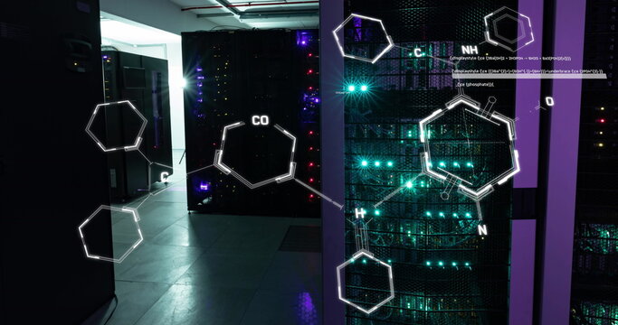 Image of chemical structures floating against computer server room - Powered by Adobe