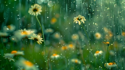 Fototapeta na wymiar field of daisies in the rain, blur, cinematic
