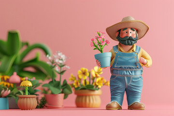 Farmer with flowers and leaves on the pink background, 3d rendering illustration